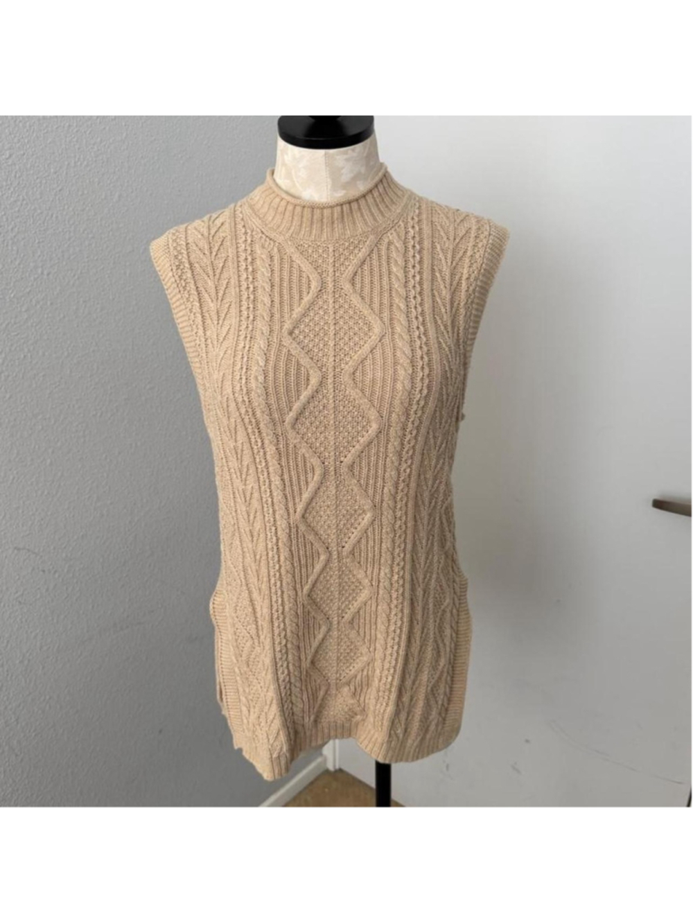 Polo Ralph Lauren Beige Cable Knit Sleeveless Tunic Sweater Mock Neck - Size M